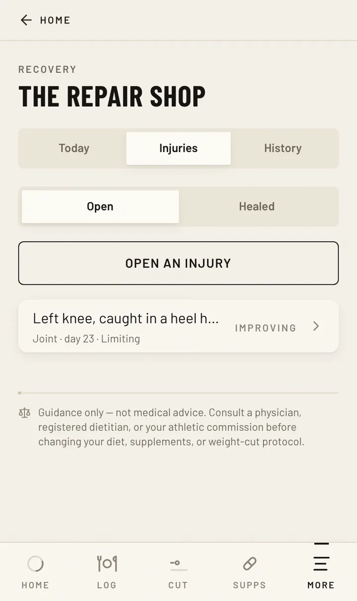 The Fighter Cut injuries screen for Mara Delgado, an invented example athlete and not a client: an open entry recorded by what she can and cannot do — sessions missed, severity as limiting, the day count running — rather than by any diagnosis. The app records what happened and when; it does not assess a head injury, does not interpret symptoms and does not clear anyone to return. The record exists so there is something accurate to hand a doctor.