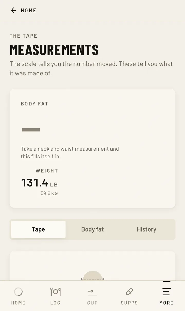 A phone showing a fortnightly girth and skinfold log next to a tape measure and calipers — the raw millimetres and centimetres recorded on a fixed schedule, with no body-fat percentage calculated from them.