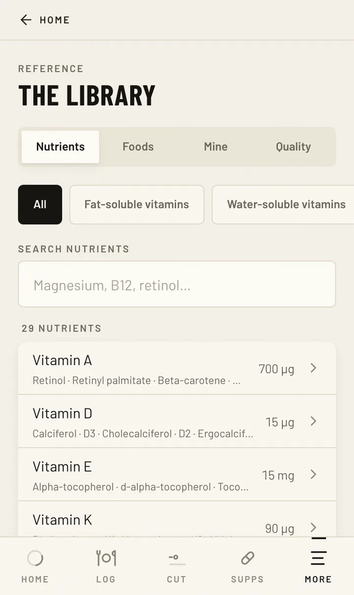 The nutrients screen for the same logged day, carbohydrate, protein and fat shown as a share of the day's energy rather than as a target to hit. A record of what happened is what a dietitian can work from; a remembered week is not.