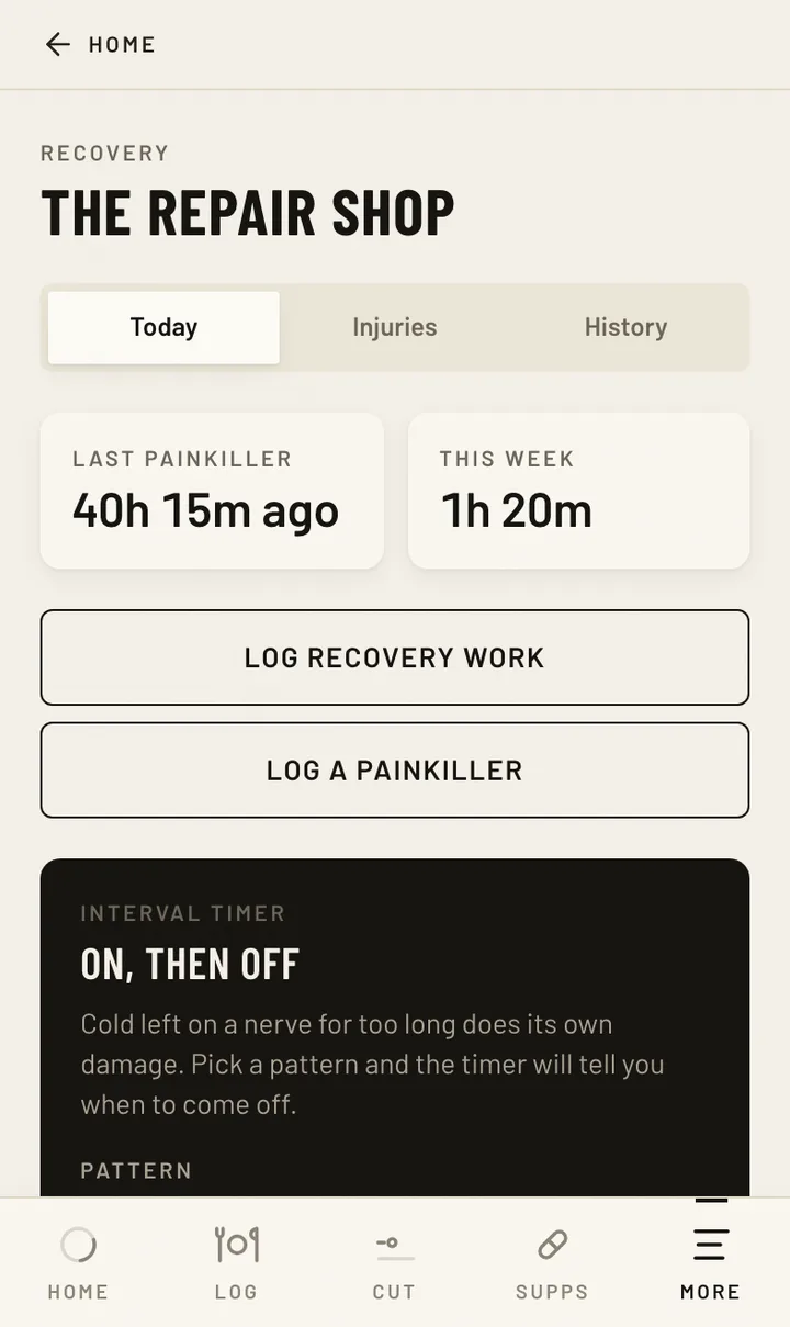 The Fighter Cut recovery screen for the same invented example athlete, Mara Delgado: recovery sessions logged against the open left knee entry, each one recorded as work done on a date. The app keeps the record of what happened; it does not evaluate the injury and it does not clear anyone to train.