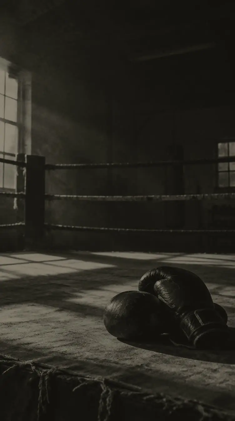 A pair of boxing gloves on the floor of a dim gym beside the ring