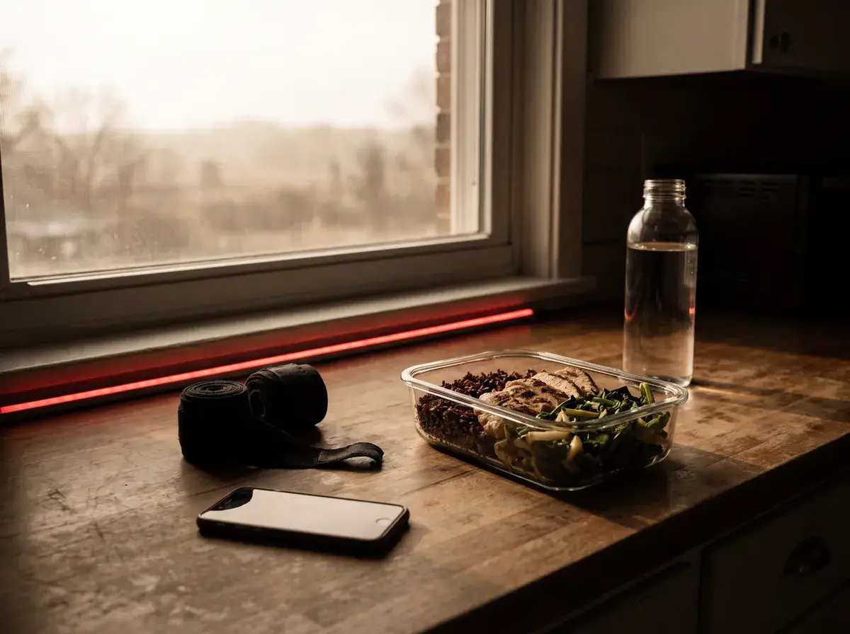 Hand wraps, a phone and a meal prep box of chicken and greens on a wooden bench