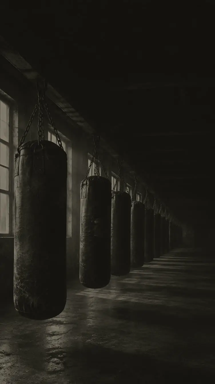 Heavy bags hanging in a row down a dark gym